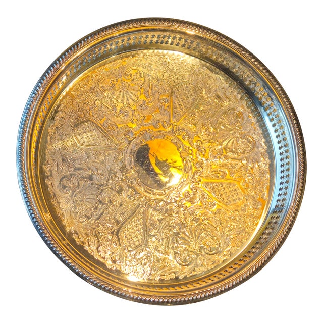 Vintage Marlboro Silver Plated Round Footed Serving Tray With Gallery Rim and Etched Scroll Design For Sale