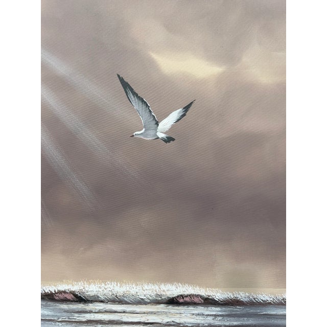 Vintage Mid Century 1960’s Seascape Large Oil Painting With Seagull For Sale - Image 4 of 7