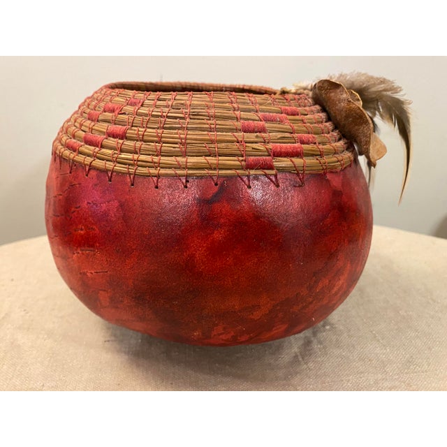 Handmade Native American Style Red Gourd Bowl Embellished For Sale - Image 6 of 6