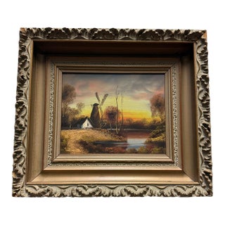 Mid-Century European Landscape Oil Painting With Windmill in Grand Ornate Gilt Frame For Sale