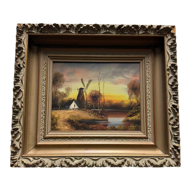 Mid-Century European Landscape Oil Painting With Windmill in Grand Ornate Gilt Frame For Sale