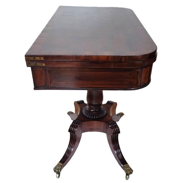 Wood Antique American 19th C Regency Mahogany Flip Top Leather Game Table & Console For Sale - Image 7 of 18