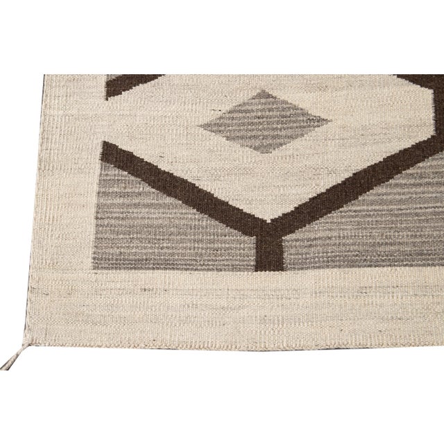 Ivory 21st Century Modern Flat-Weave Navajo Style Wool Rug For Sale - Image 8 of 13