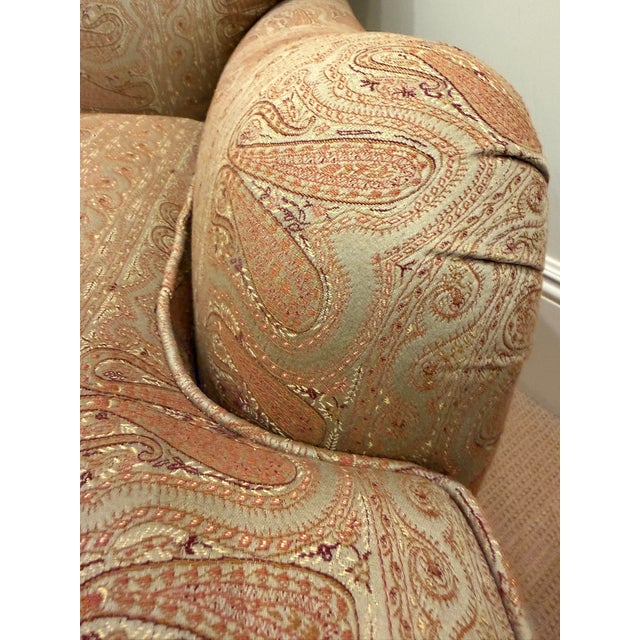 Custom Designer Upholstered Armchair – Neutral Paisley Fabric – Classic Rolled‑Arm Silhouette For Sale - Image 4 of 6