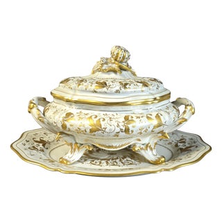 Covered Tureen with Stand in Porcelain with Gilded Vegetal Decoration from Le Tallec, Paris, France, 1960s For Sale