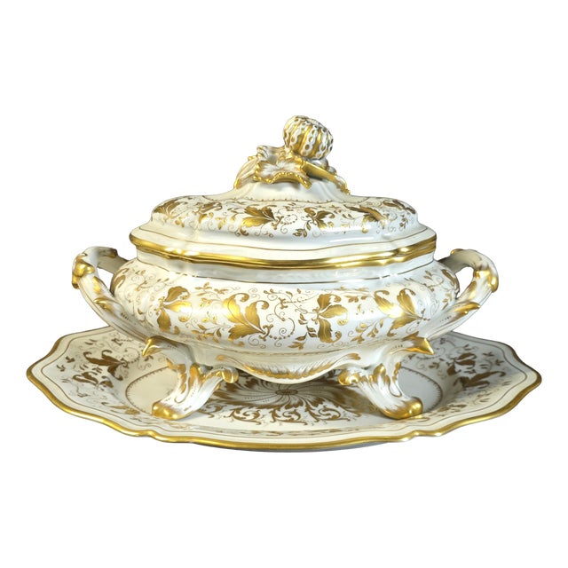 Covered Tureen with Stand in Porcelain with Gilded Vegetal Decoration from Le Tallec, Paris, France, 1960s For Sale