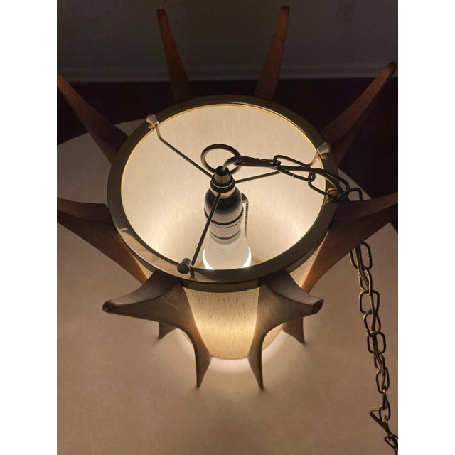 Mid-Century Modern Teak & Brass Swag Pendant Lamp in the Style of Adrian Pearsall For Sale - Image 9 of 13