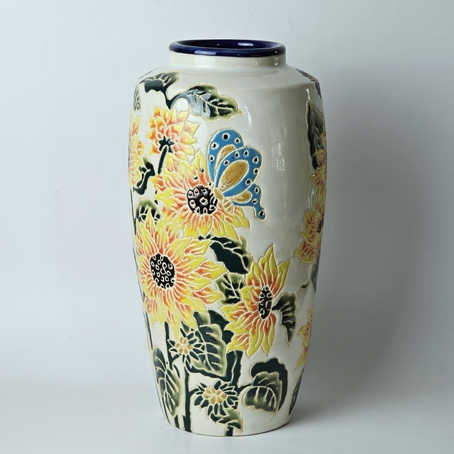 Mid-Century Modern Vintage MCM Signed Studio Art Pottery Sunflower Handmade Ceramic Vase For Sale - Image 3 of 6