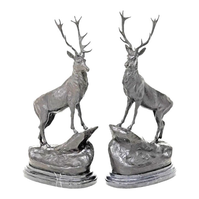 Patinated, Large, After Jules Moigniez, Marble Base, Bronze Stag Sculptures, Set of 2!! For Sale