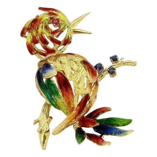Mid 20th Century Large Enamel 18k Yellow Gold Parrot Pin Brooch For Sale