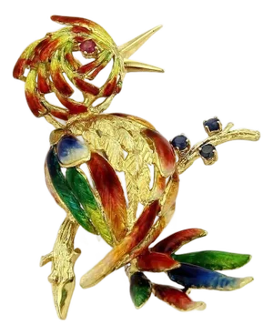 Mid 20th Century Large Enamel 18k Yellow Gold Parrot Pin Brooch