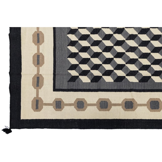Modernist Navajo Style Geometric Flatweave Wool Rug With Optical Cube Pattern For Sale - Image 9 of 12