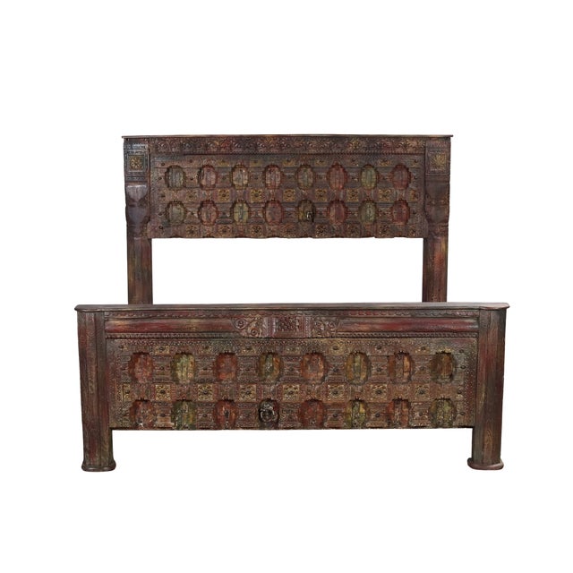 Wood Complete King Size Bed Constructed From an Antique Gujarati Door and Pillars For Sale - Image 7 of 8