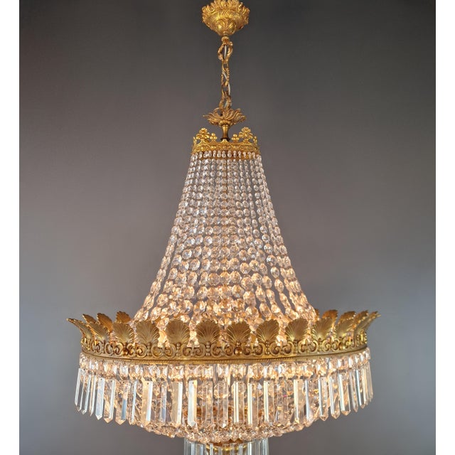 Metal Antique Art Nouveau Low Oval Plafonnier Crystal Chandelier Brass For Sale - Image 7 of 15