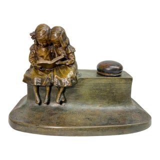 Antique 19th Century Bronze Twin Sisters Book Desk Inkwell Writing Stand Statue For Sale