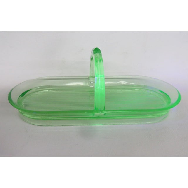 Early 20th Century Green Uranium Depression Glass Oblong Celery Tray Serving Dish With Handle For Sale - Image 9 of 16