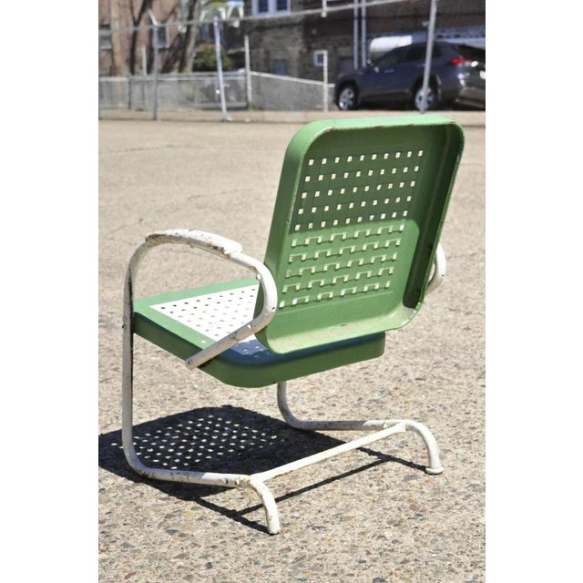 Mid 20th Century Art Deco Metal Basketweave Old Green White Porch Outdoor Spring Arm Chair For Sale In Philadelphia - Image 6 of 10