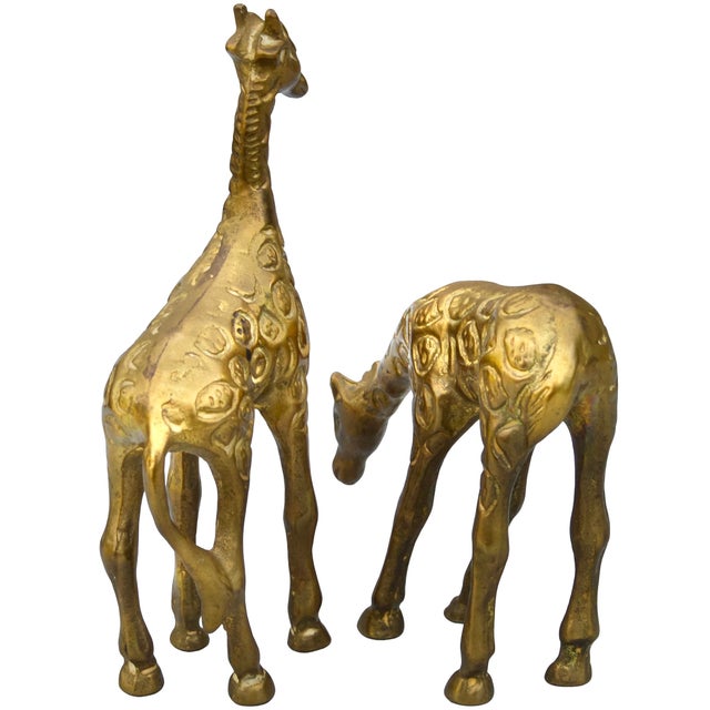 American Mid 20th Century Handmade Americana Brass Giraffe Figurines- S/2 For Sale - Image 3 of 6