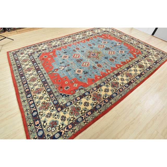 Tribal Kazak Rug 9'1'' X 12'5'' Blue Wool Tribal Hand-Knotted Oriental Carpet For Sale - Image 3 of 12