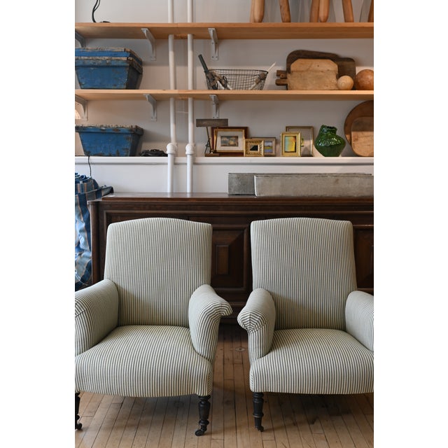 1930's French Upholstered Striped Lounge Chairs For Sale - Image 4 of 16
