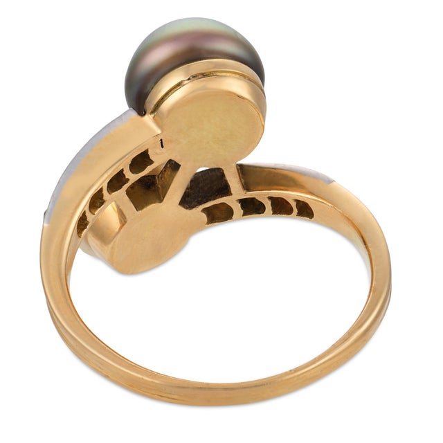 1910s Edwardian Natural Pearl Diamond 18k Yellow Gold Toi Et Moi Ring, Size 6.75 For Sale In Los Angeles - Image 6 of 6