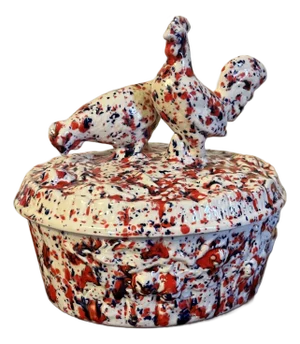 Vintage Mid-Century Modern Spatterware Pottery Covered Chicken Box