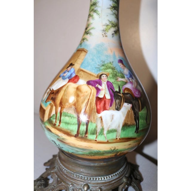 Large Antique Hand Painted Porcelain Bronze Crystal Electrified Oil Table Lamp For Sale - Image 4 of 12