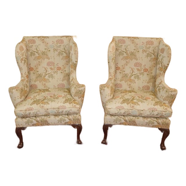 1980s Pair of Kittinger Colonial Williamsburg Scalamandre Fabric Fire Side Wing Chairs For Sale