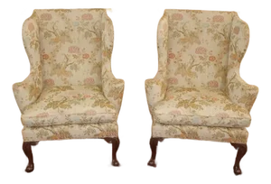 1980s Pair of Kittinger Colonial Williamsburg Scalamandre Fabric Fire Side Wing Chairs