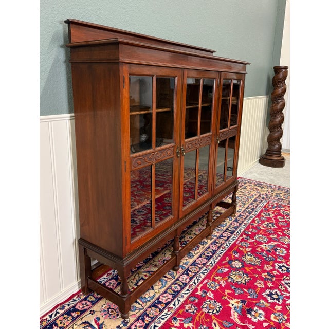 Antique English Jacobean Bookcase Bookshelf Cabinet Wavy 3 Door Glass Mahogany For Sale - Image 9 of 14