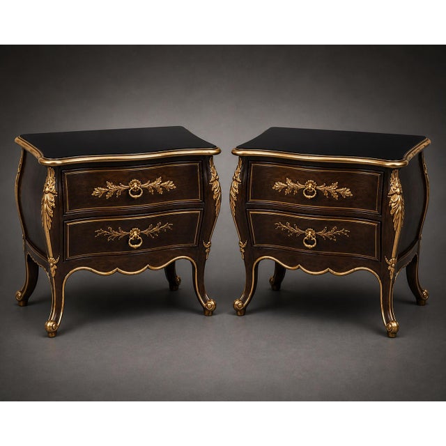Mid 20th Century Pair of French Provincial Bombe Nightstands With Satin Black Tops & Fine Gold Gilding For Sale - Image 4 of 4
