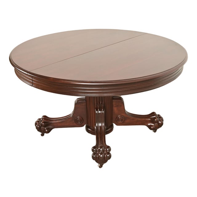 R. J. Horner Antique Victorian Carved Mahogany Split Pedestal Extension Dining Table With Lion Paw Feet, Newly Refinished For Sale