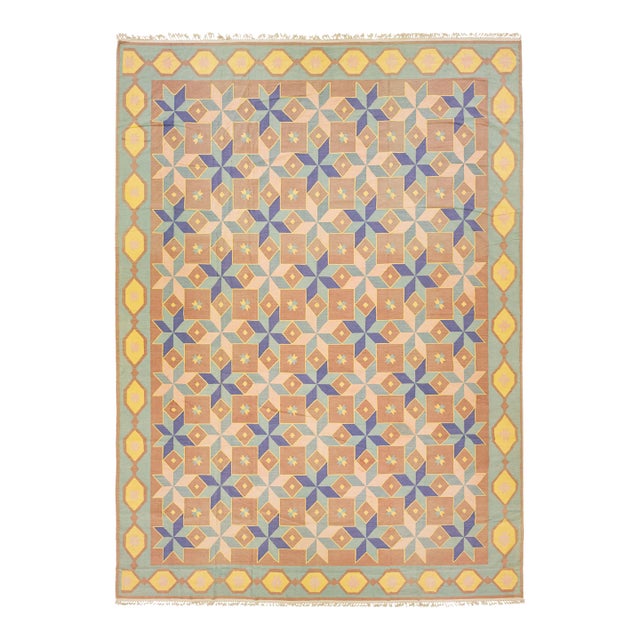 2010s Multicolor Flatweave Modern Indian Dhurrie Wool Rug With Geometric Motif For Sale