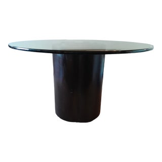 Contemporary Baker Attributed Glass Top Dining Table With Four Leaf Clover Shaped Brown Heavy Wood Base For Sale
