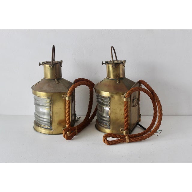 Vintage British Brass Glass Rope Marine Masthead Light Lantern Lamps-a Pair For Sale - Image 10 of 17