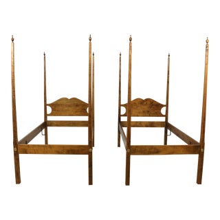 Pair Tiger Maple Bench Made Twin Size Poster Beds For Sale