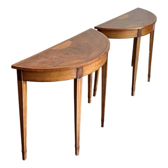 Vintage Regency Sunburst Burl Wood Demilune Tables - A Pair For Sale