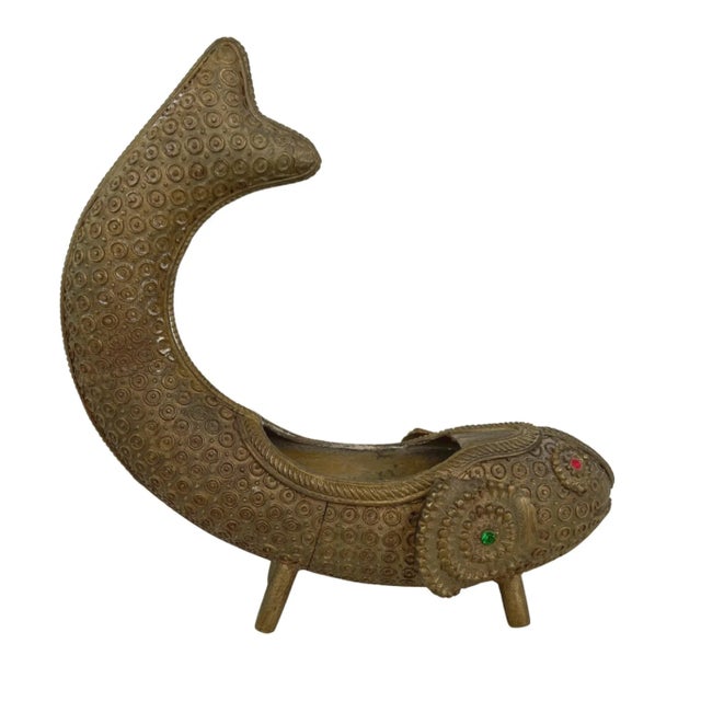 Mid-century primitive brass fish vessel with rhinestone detail. No maker's mark. Minimal age wear.