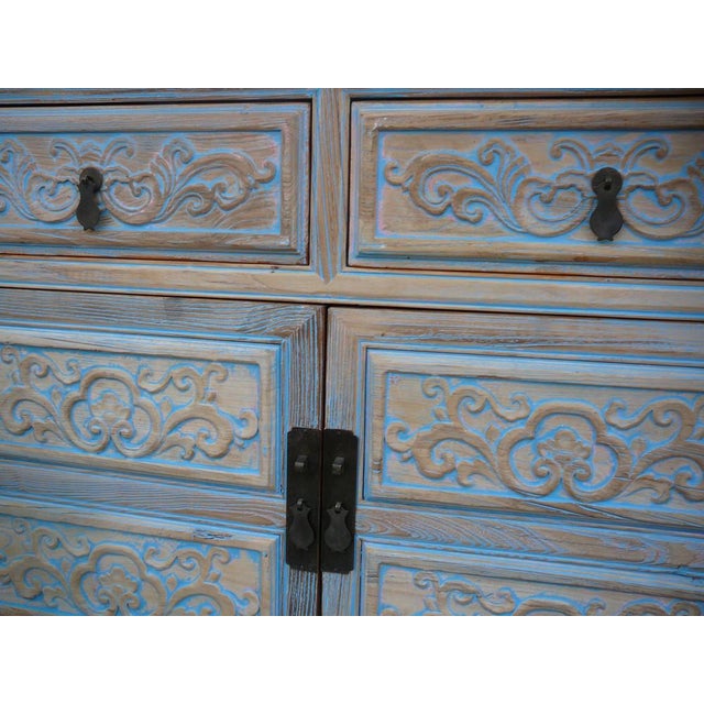 Oriental Floral Shabby Chic Rustic Light Blue High Credenza Cabinet For Sale - Image 4 of 10