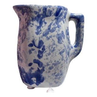 Vintage Blue and White Spongeware Ceramic Pitcher by Bybee Pottery For Sale