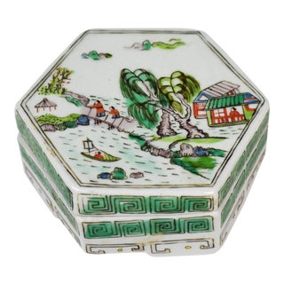 Vintage Hand-Painted Hexagonal Porcelain Asian Trinket Box For Sale