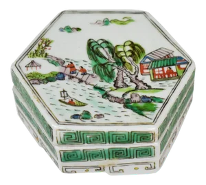 Vintage Hand-Painted Hexagonal Porcelain Asian Trinket Box