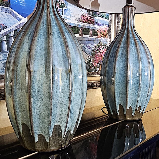 Turquoise Pottery Table Lamps – Mid‑Century Style, 32" - a Pair For Sale - Image 15 of 18