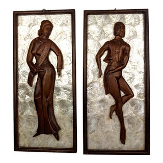 Pair Mid-Century Modern Hand-Carved Wood Figural Relief Wall Panels on Shimmering Capiz Shell Grounds For Sale