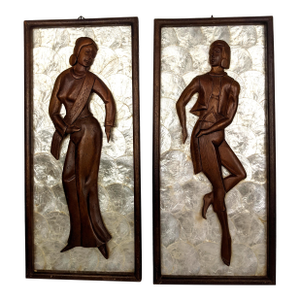 Pair Mid-Century Modern Hand-Carved Wood Figural Relief Wall Panels on Shimmering Capiz Shell Grounds