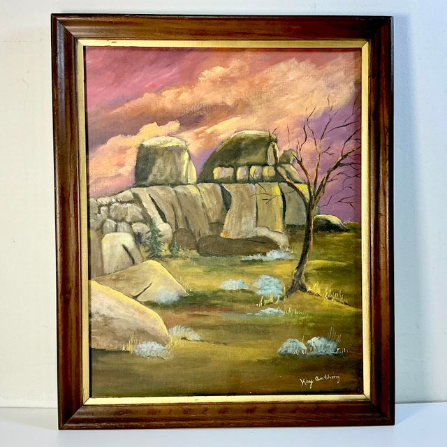 American artist Kay Anthony captures a dramatic impressionist landscape out of Wyoming. It features a grey stone rock...