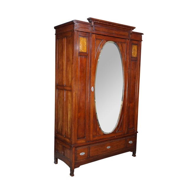 Neoclassical Antique Edwardian Neoclassical Mahogany Fruitwood Inlaid Wardrobe Armoire Mirror For Sale - Image 3 of 18