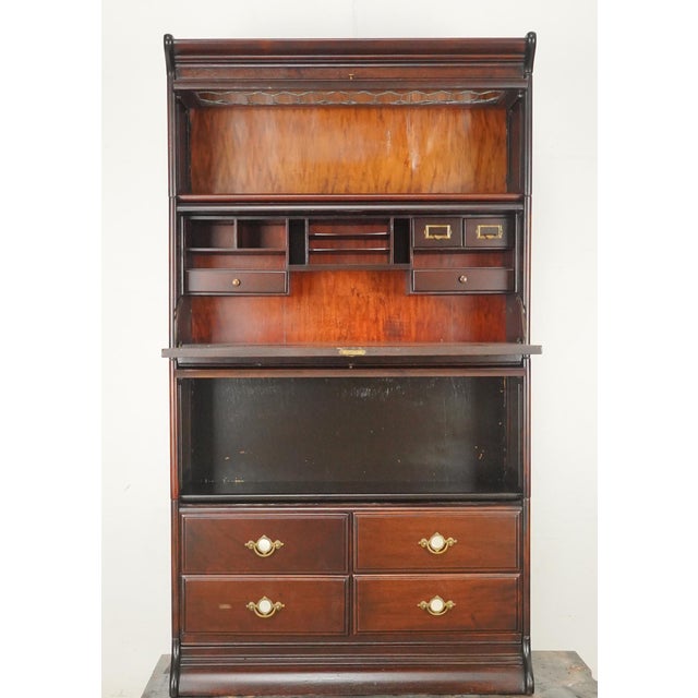 Wood Vintage Victorian Style Oak Barrister Bookcase With Leaded Glass For Sale - Image 7 of 15