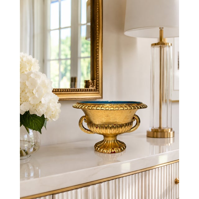 Vintage Italian Gold Leaf Footed Urn Bowl With Blue Interior Kindly note photo number two (2) is a digital rendering...
