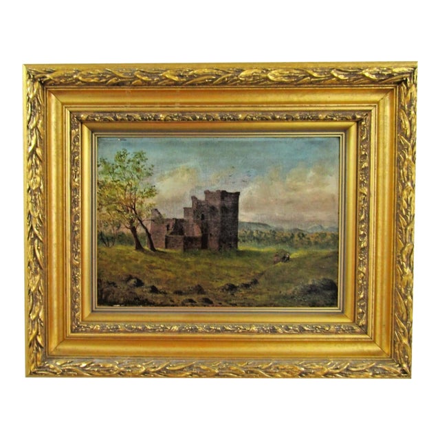 Victorian Original Oil Painting Castle Ruins With People in Gold Gild Frame For Sale